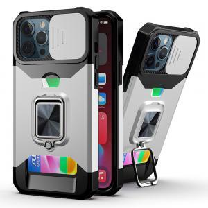 For iPhone 15 Pro Multi-Functional Card Magnetic Ring Stand Hybrid Camera C