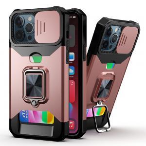 For iPhone 15 Multi-Functional Card Magnetic Ring Stand Hybrid Camera Case