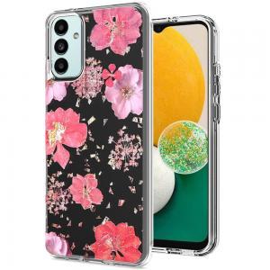 For Samsung Galaxy A13 5G Floral Glitter Design Case Cover - Pink Flowers