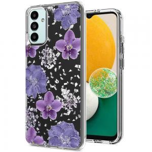 For Samsung Galaxy A13 5G Floral Glitter Design Case Cover - Purple Flowers