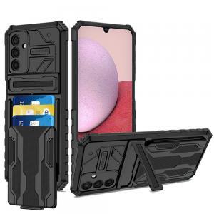 For Samsung A14 5G Multiple Card Holder Kickstand Hybrid Case Cover - Black