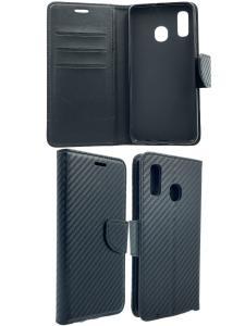 Wallet Flip Case For Samsung A20  - Carbon Fiber/Black