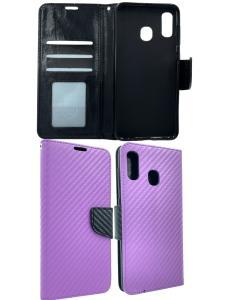 Wallet Flip Case For Samsung A20 - Carbon Fiber Purple